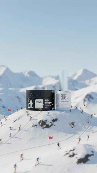A surreal and playful 9:16 vertical creative featuring nail gel bottles positioned as massive landmarks in a miniature, snow-covered ski resort.