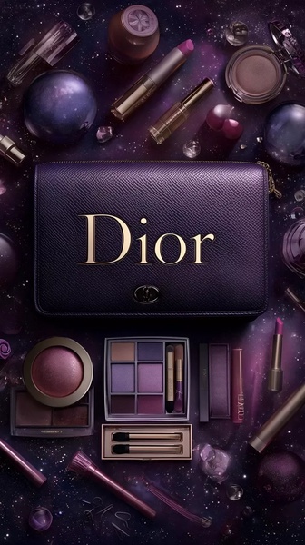A high-end flat lay display featuring Dior cosmetics and a signature clutch arranged on a dark, celestial background.