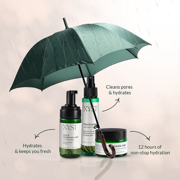 This creative uses a metaphorical umbrella over a trio of skincare products to visually demonstrate the protective, hydrating benefits of the set.
