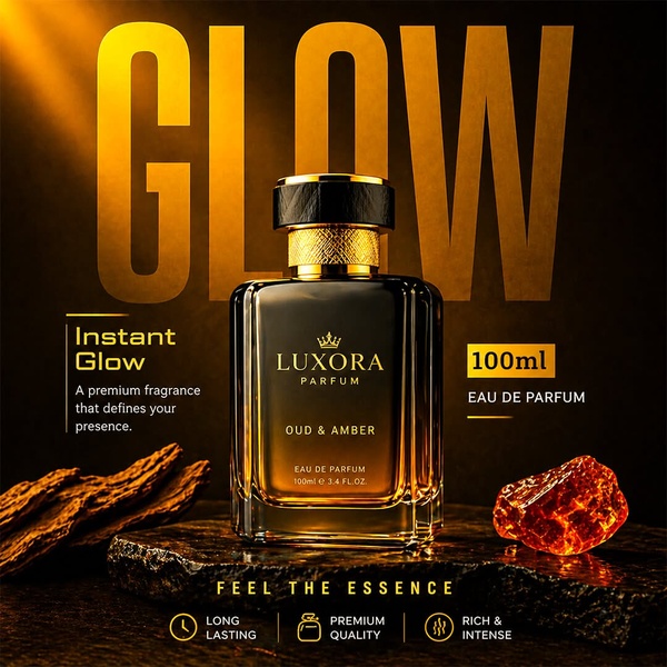 A high-end, square-format product showcase featuring gold lighting, a stone base, and natural elements to convey premium fragrance quality.