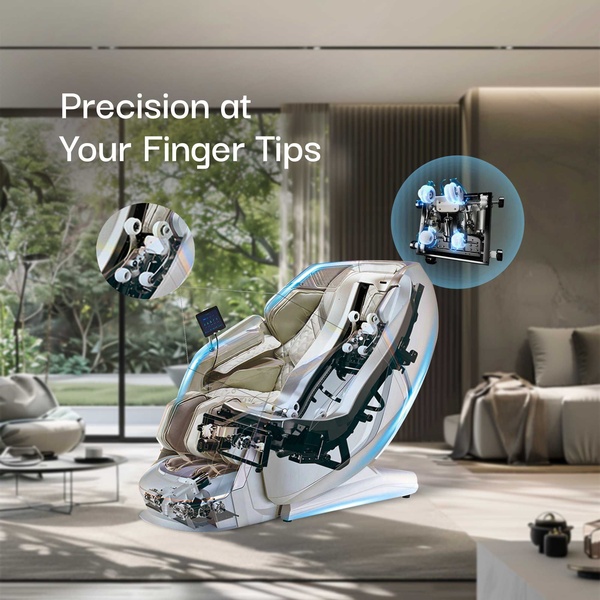 This ad creative uses a transparent, exploded-view product visualization to highlight the intricate internal massage rollers of a high-end chair.