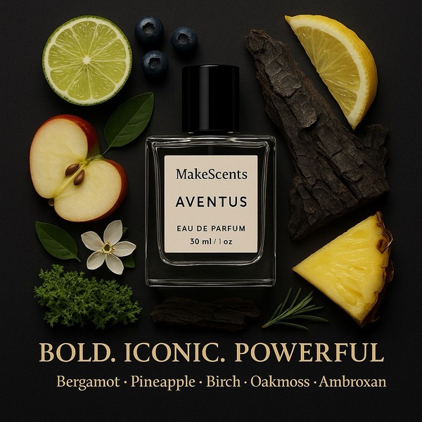 A high-end product photography layout featuring a cologne bottle surrounded by its raw aromatic ingredients on a dark, minimalist background.
