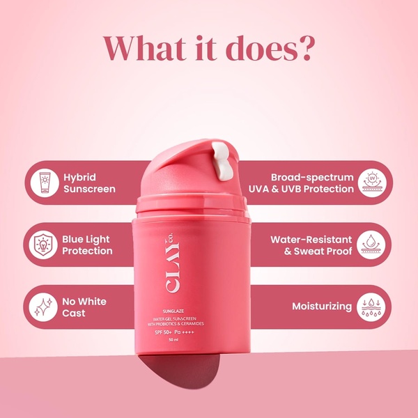 This ad highlights essential sunscreen features in a clear, organized layout. It uses a clean visual approach to communicate product benefits directly.