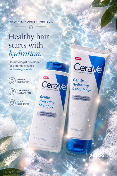 A high-quality studio shot of a shampoo and conditioner set submerged in water with bubbles, emphasizing a clean and refreshing aesthetic.