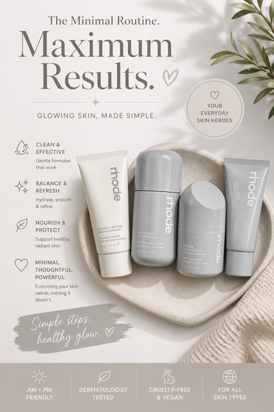 A clean, high-contrast ad featuring a four-piece skincare set in a stone bowl, surrounded by benefit icons and minimalist typography.