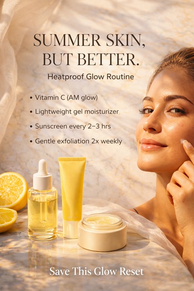 This ad creative features a clean, sun-drenched aesthetic highlighting a four-step skincare routine designed for summer weather.