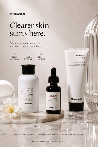 A high-quality product photography ad showcasing a three-step skincare routine featuring a cleanser, serum, and moisturizer.
