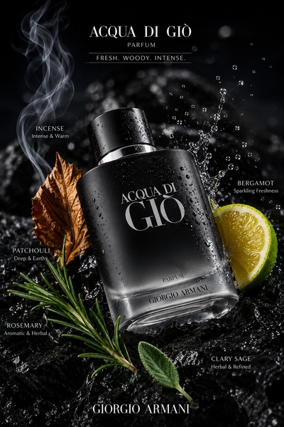 A high-end studio shot of a perfume bottle surrounded by its raw ingredients like bergamot, rosemary, and patchouli.