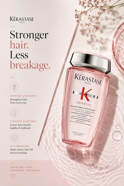 A minimalist studio shot of a fortifying hair shampoo bottle placed on a glass surface with soft, natural lighting and minimalist typography.
