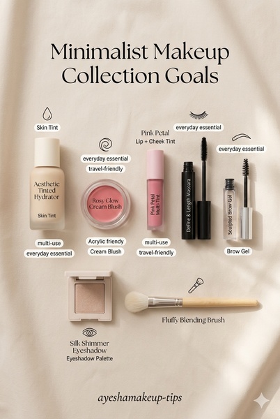 An organized overhead flat lay of essential makeup items categorized by daily use and travel-friendliness.
