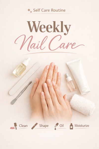 A clean, aesthetic flat lay showcasing a complete weekly nail care routine featuring essential tools and treatment products on a neutral background.