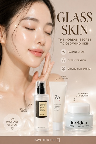 A high-performance aesthetic ad showing three skin care products with clear benefit callouts and a aspirational, clean visual style.