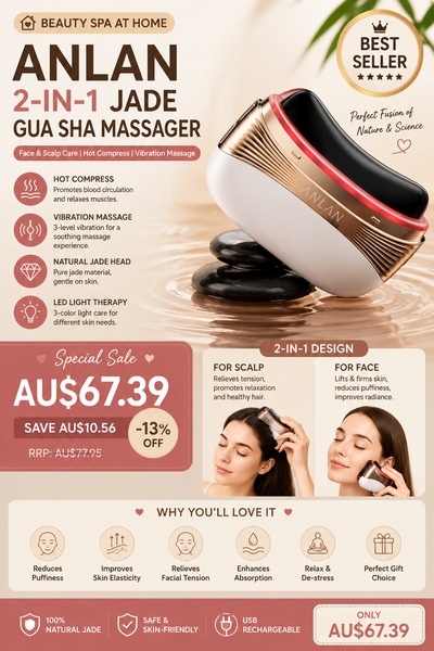 A feature-rich ad creative showcasing a jade massager with clear callouts for scalp and face care benefits, emphasizing a special sale offer.