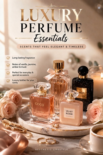 A high-end lifestyle composition featuring four perfume bottles on a marble tray, surrounded by roses and warm lighting.