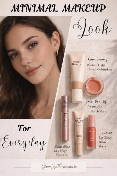 A clean, split-screen ad featuring a model's fresh look on one side and a curated flat-lay of makeup products on the other.