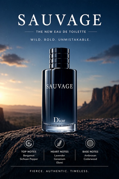 A high-end fragrance ad featuring a dark, moody product hero shot of a cologne bottle on a rugged cliff at sunset.