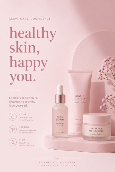 A clean, monochromatic pink-themed studio advertisement for a three-piece skincare set showcasing a serum, cleanser, and moisturizer.