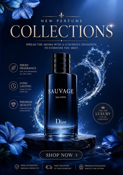 A high-end product display featuring a perfume bottle centered on a stone pedestal surrounded by water splashes and deep blue floral elements.