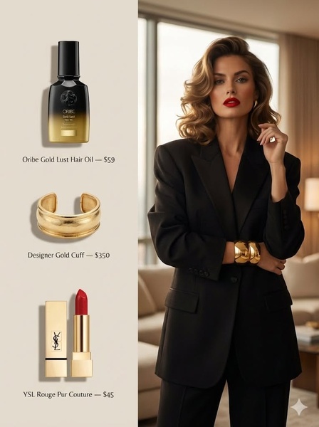 A split-screen composition featuring a high-end hair oil, a gold cuff, and red lipstick alongside a professional model, emphasizing a cohesive lifestyle look.