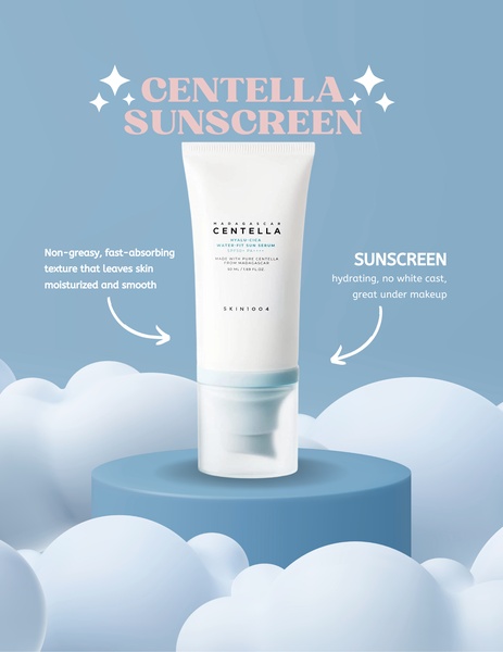 A clean, minimalist product hero shot of a sunscreen bottle placed on a podium with soft, dreamy cloud surroundings.