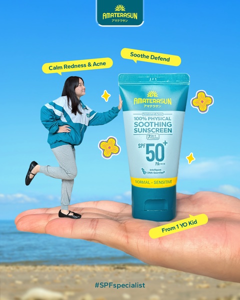 A whimsical creative showcasing a sunscreen tube held in a giant human hand, with floating text callouts highlighting product benefits like calming redness and acne.