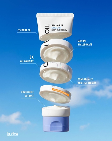 This creative uses an exploded product view to showcase key serum ingredients floating against a clear sky backdrop.
