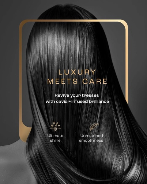 A high-end editorial shot of sleek, healthy black hair inside a minimalist gold frame, highlighting the premium nature of a caviar-infused hair treatment.