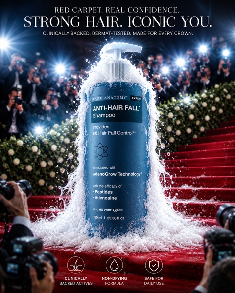 A high-end product photography shot of a shampoo bottle surrounded by foam on a red carpet, illuminated by camera flashes.