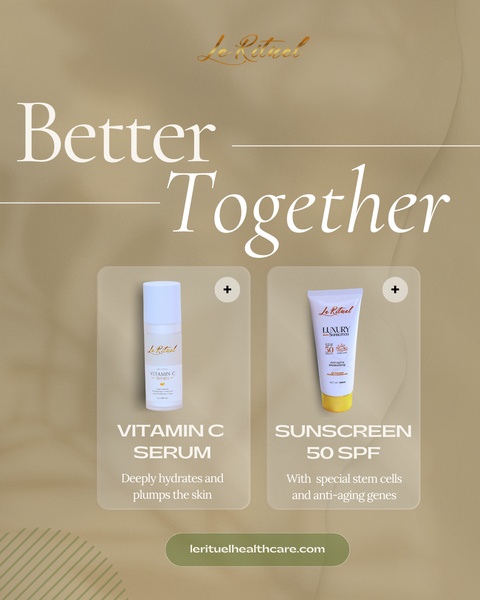 A clean, minimalist 4:5 social media advertisement showcasing a Vitamin C Serum and SPF 50 Sunscreen as a complementary skincare bundle.