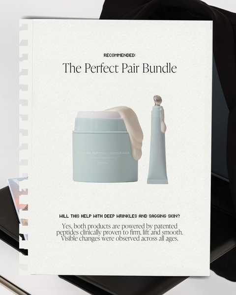 A clean, minimalist product spotlight for a firming peptide moisturizer and eye cream bundle that directly addresses customer concerns about deep wrinkles.