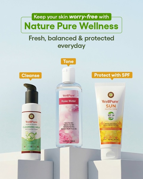 A clean, minimalist 4:5 ad creative showcasing three essential skin care products: cleansing milk, rose water toner, and sun protection.