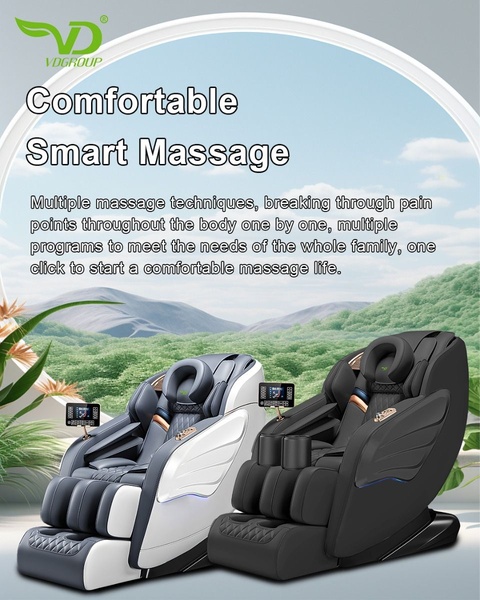 This ad displays two color variations of a high-end massage chair against a serene, natural mountain background to emphasize comfort and relaxation.