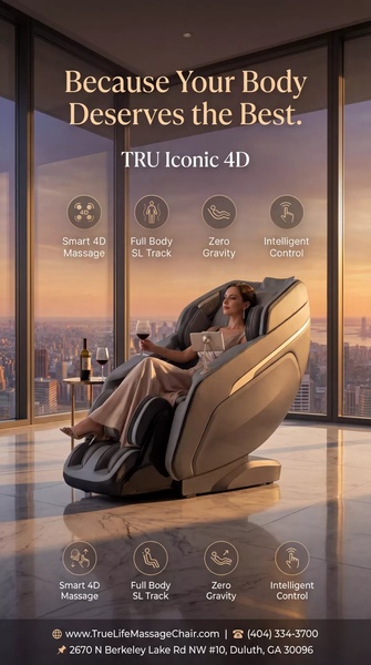 A high-end portrait creative featuring a model in a luxury penthouse, positioning the massage chair as a pinnacle of comfort and sophistication.