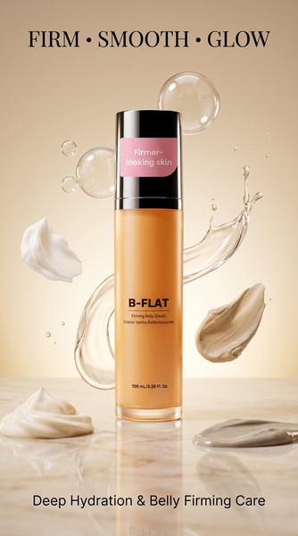 A high-quality product photography piece featuring a belly cream bottle surrounded by cream textures and floating bubbles, emphasizing hydration and skin firmness.