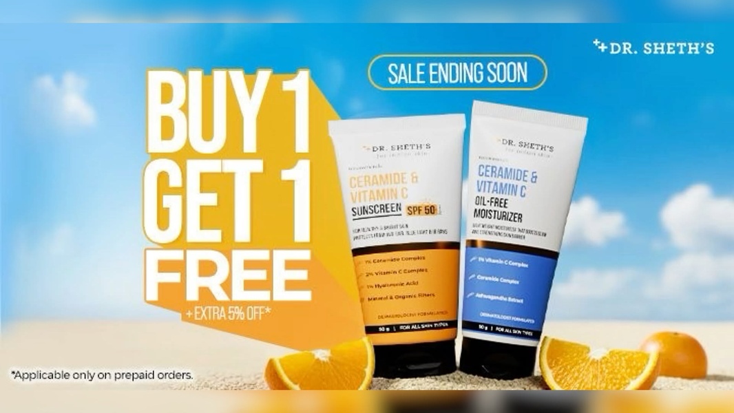 A high-visibility promotional graphic highlighting a Buy 1 Get 1 Free offer for skincare products, featuring a clear sale deadline and incentive.