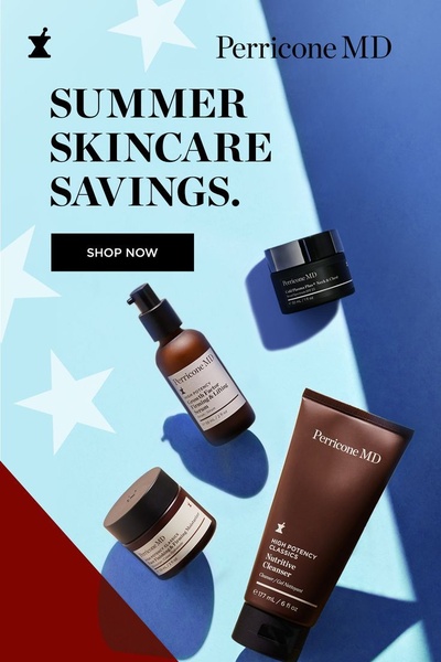 A flat-lay photography style advertisement featuring various skincare bottles and jars against a split blue-and-white background with star accents.