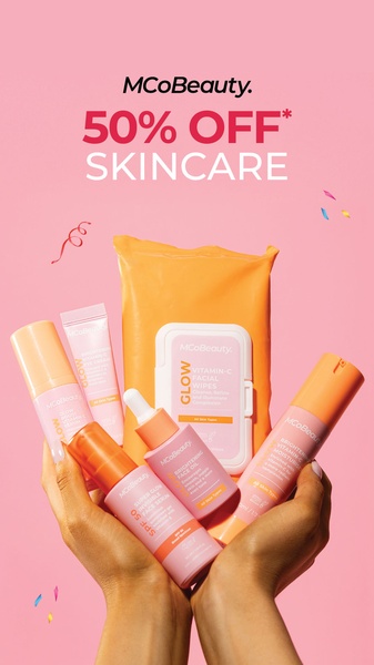 A high-conversion 9:16 vertical creative featuring a hand-held collection of skincare products against a soft pink background with confetti accents.