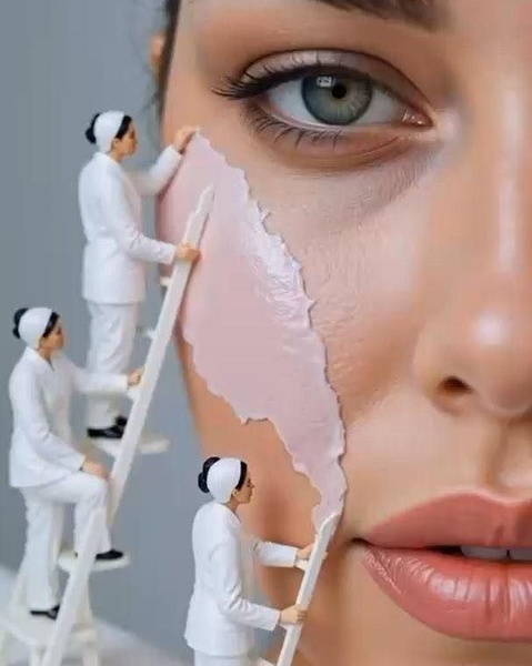 A surrealist ad showing miniature workers in white coats applying a skincare mask onto a human face, emphasizing precision and professional-grade care.