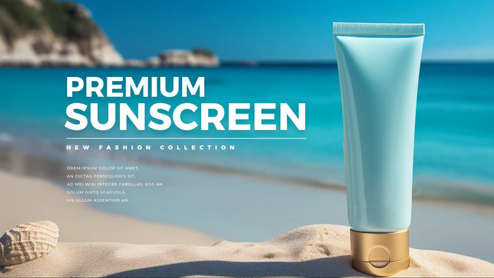 A high-end 16:9 product hero shot featuring a minimalist sunscreen tube placed on a sandy beach with a vibrant blue ocean backdrop.