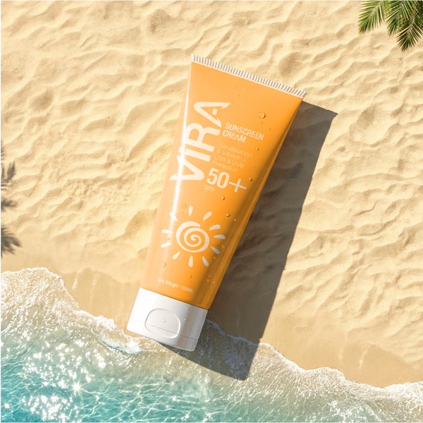 A high-quality 1:1 ratio product shot of a sunscreen tube placed on a sunny sandy beach with water edges, utilizing natural shadows and bright, warm lighting.