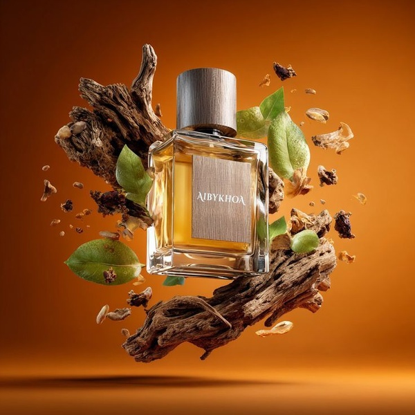 A high-contrast, professional product shot of a perfume bottle suspended in air surrounded by floating raw botanical ingredients and driftwood on a solid amber background.