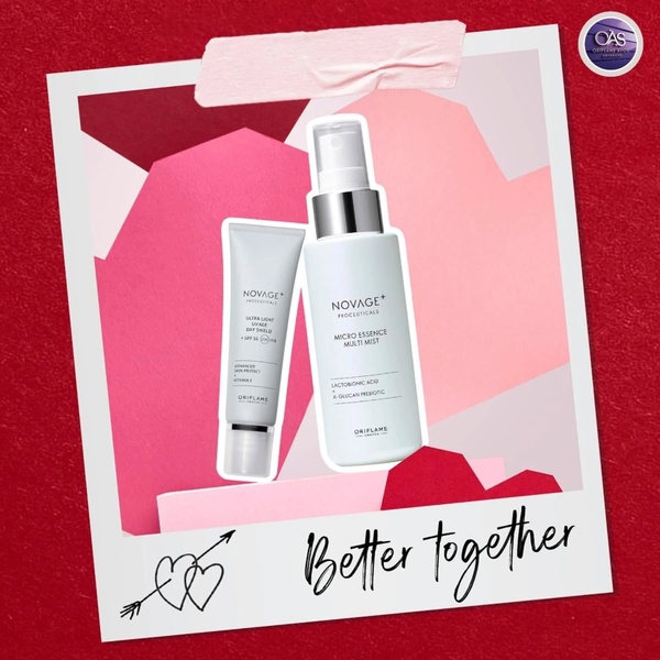 A clean, minimalist 1:1 image featuring two skincare products side-by-side with a 'Better together' headline, presented as a pinned photograph on a bold red background.