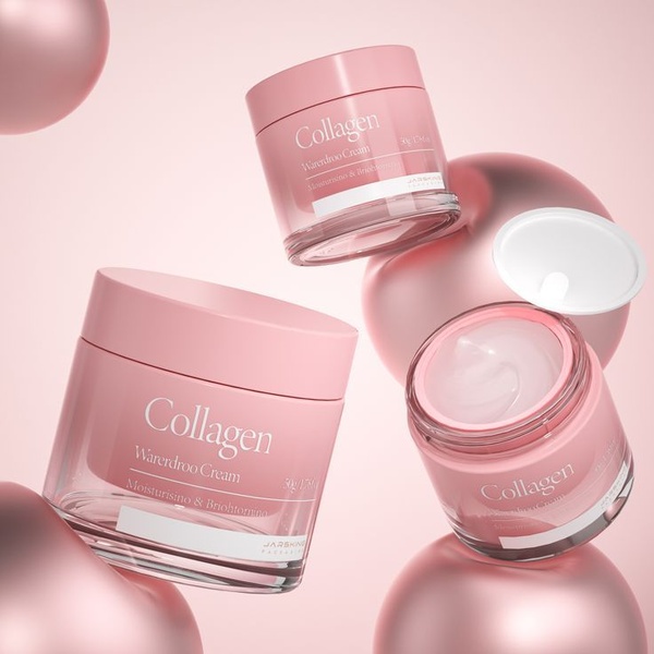 A high-end, minimalist product hero shot featuring three jars of collagen cream floating amidst metallic spherical accents in a monochromatic soft pink color palette.