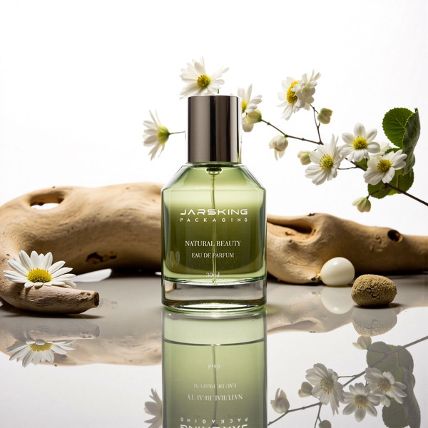 A high-end, clean product photography composition featuring a perfume bottle surrounded by organic elements and white flowers against a bright studio backdrop.
