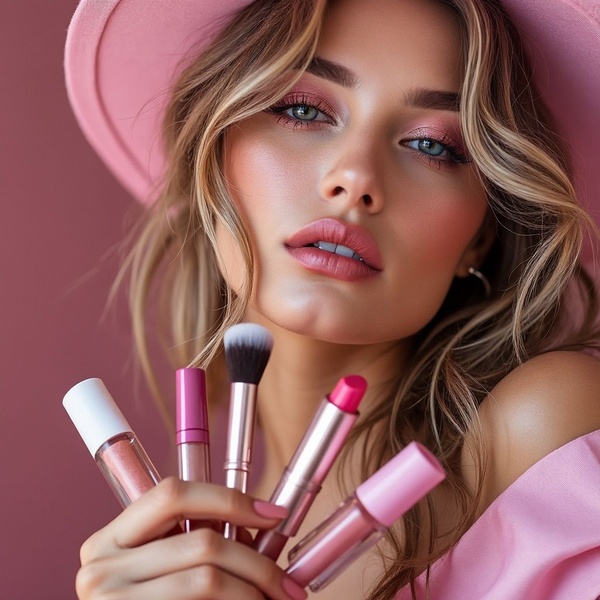 A high-end studio portrait of a model holding a variety of beauty products, emphasizing a clean, consistent color palette.