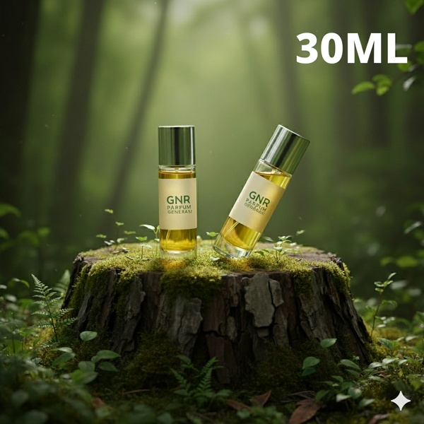 Two 30ml bottles of GNR Parfum Generasi are positioned on a mossy tree stump in a lush, green forest setting to emphasize natural ingredients.