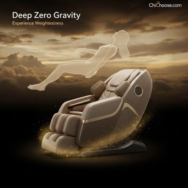 A high-end massage chair is shown in a sunset landscape, with a translucent silhouette of a person floating above it to represent weightlessness.