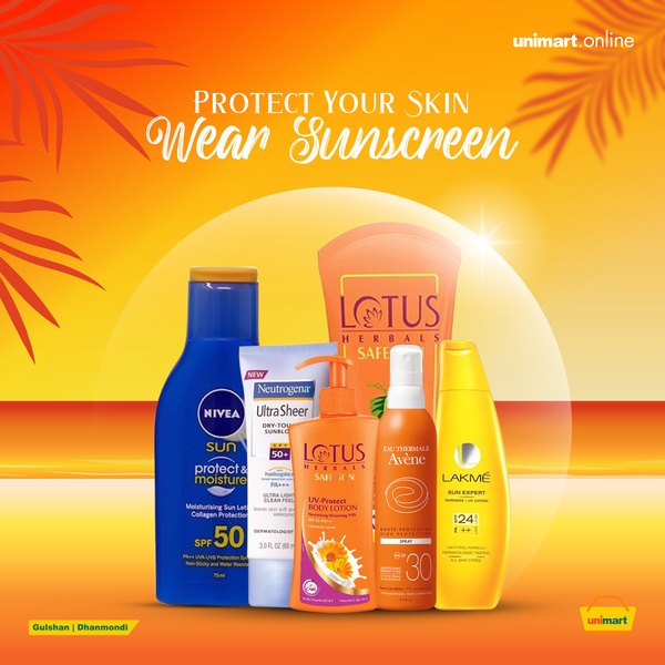 A high-contrast, warm-toned hero advertisement featuring a collection of sunscreen products arranged on a summer-themed background.