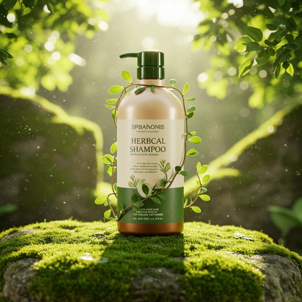 A high-quality 1:1 square product shot of a shampoo bottle resting on a mossy rock in a natural, forest-like environment with dappled sunlight.