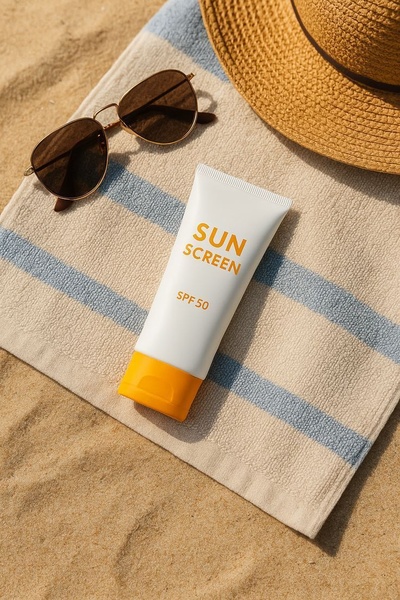 A high-contrast, top-down shot of a sunscreen tube, sunglasses, and a woven hat placed on a beach towel atop the sand.